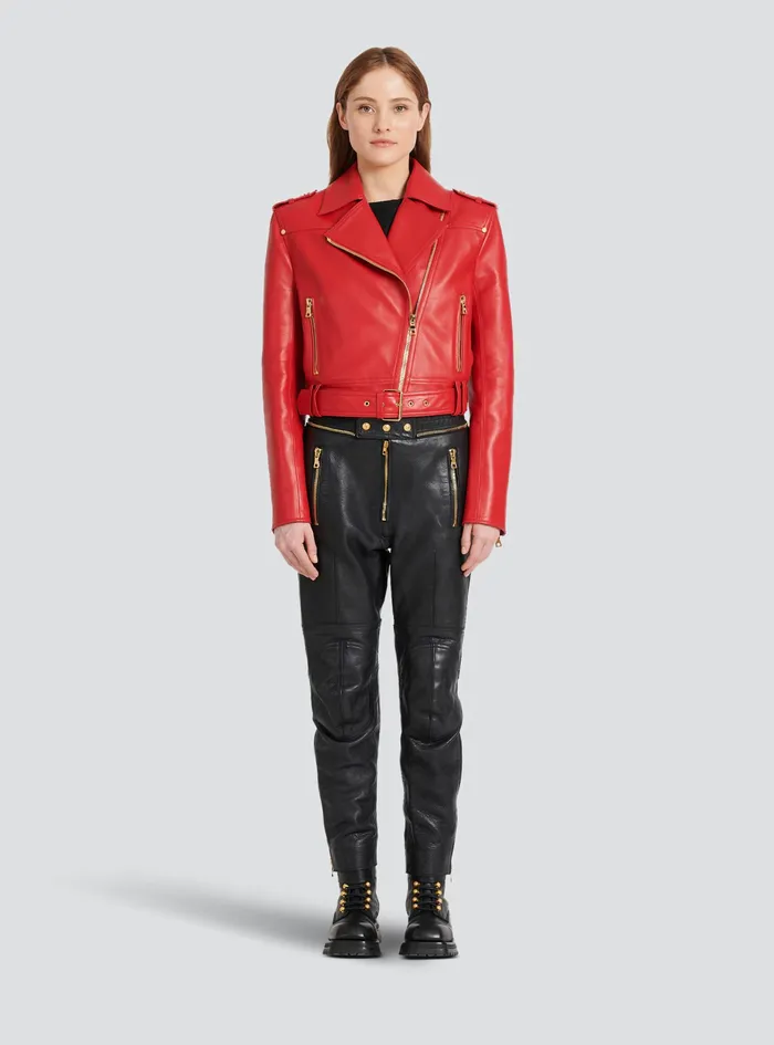 Balmain Outerwear Womens Cropped Leather Biker Jacket Red