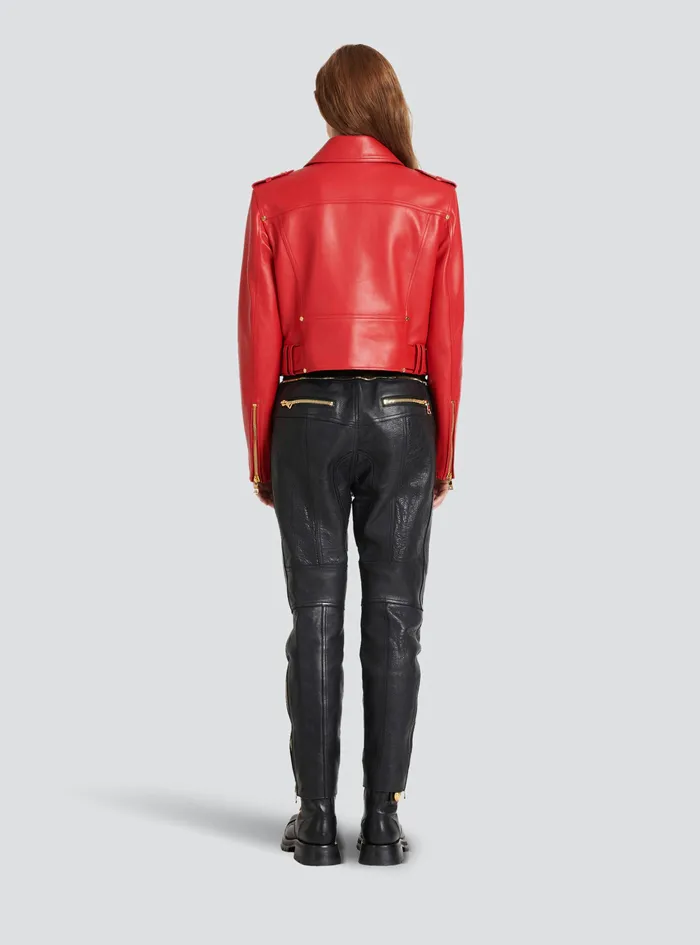 Balmain Outerwear Womens Cropped Leather Biker Jacket Red