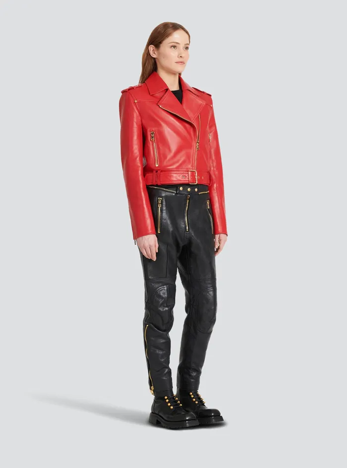 Balmain Outerwear Womens Cropped Leather Biker Jacket Red