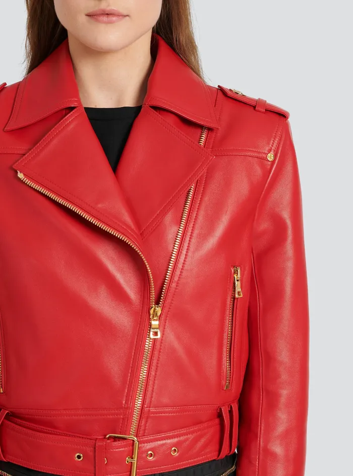Balmain Outerwear Womens Cropped Leather Biker Jacket Red