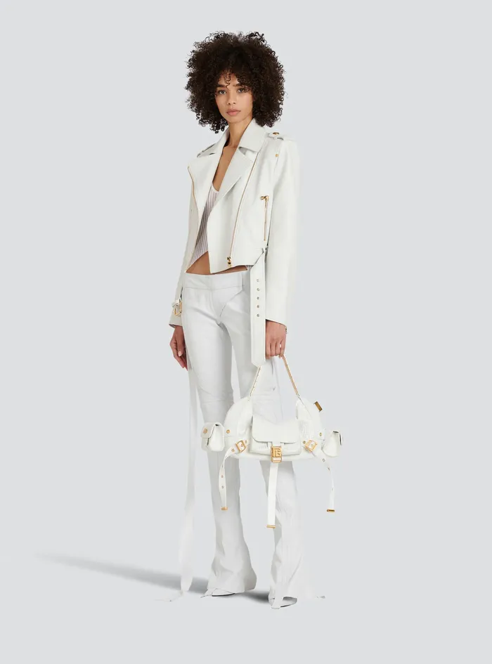 Balmain Outerwear Womens Cropped Leather Biker Jacket White Balmain Outerwear Womens Cropped Leather Biker Jacket White