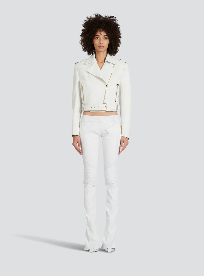 Balmain Outerwear Womens Cropped Leather Biker Jacket White Balmain Outerwear Womens Cropped Leather Biker Jacket White