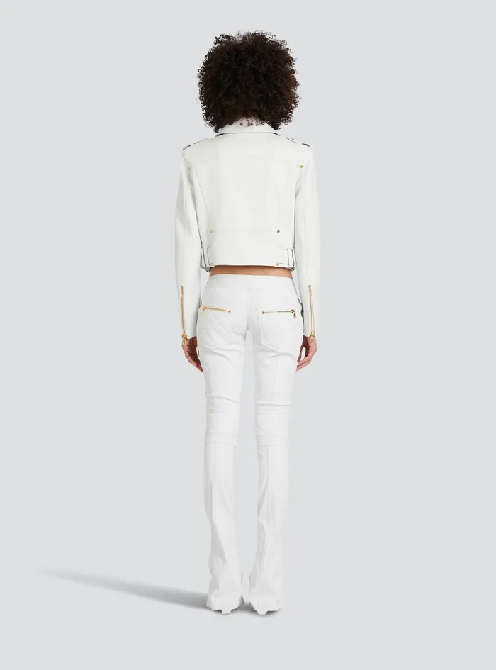 Balmain Outerwear Womens Cropped Leather Biker Jacket White Balmain Outerwear Womens Cropped Leather Biker Jacket White