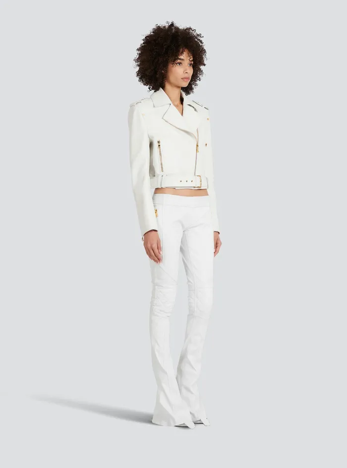 Balmain Outerwear Womens Cropped Leather Biker Jacket White Balmain Outerwear Womens Cropped Leather Biker Jacket White