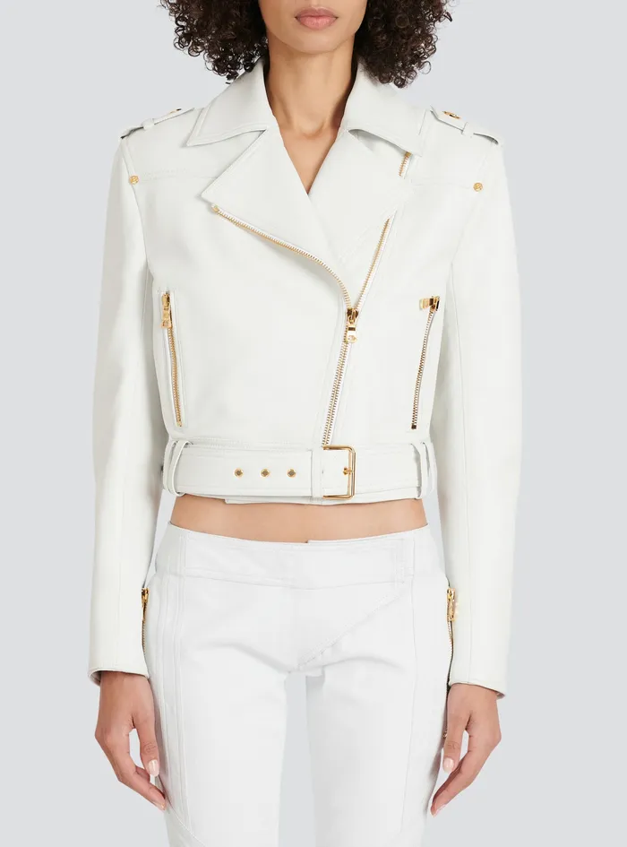 Balmain Outerwear Womens Cropped Leather Biker Jacket White Balmain Outerwear Womens Cropped Leather Biker Jacket White