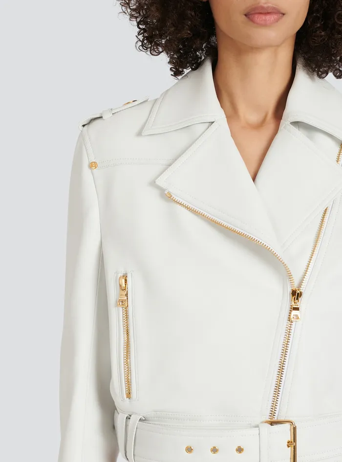 Balmain Outerwear Womens Cropped Leather Biker Jacket White Balmain Outerwear Womens Cropped Leather Biker Jacket White