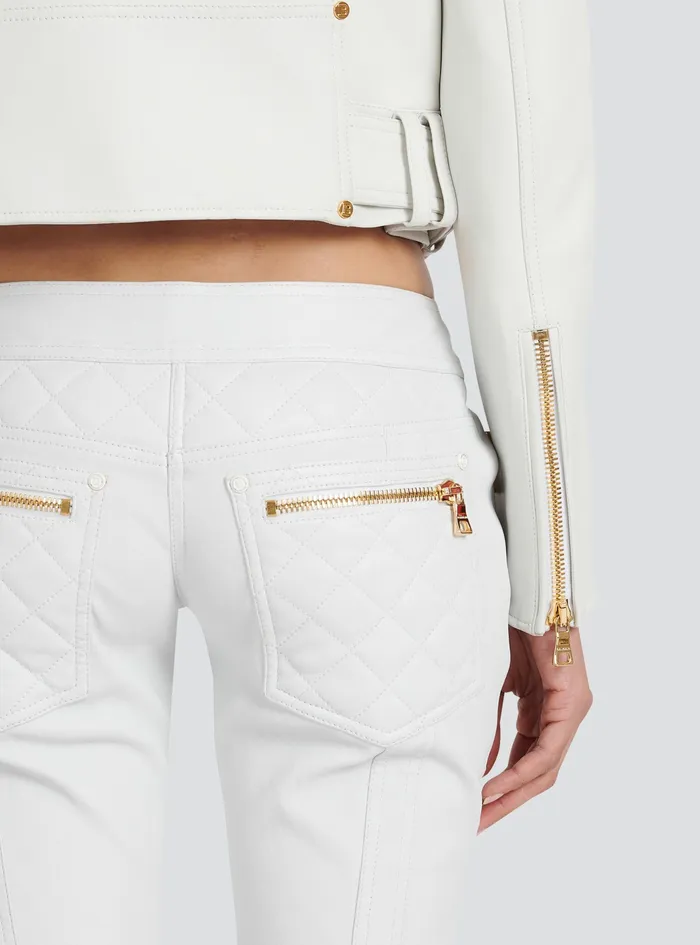 Balmain Outerwear Womens Cropped Leather Biker Jacket White Balmain Outerwear Womens Cropped Leather Biker Jacket White
