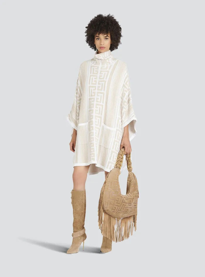Balmain Outerwear Womens Knit Poncho With Balmain Monogram Beige Balmain Outerwear Womens Knit Poncho With Balmain Monogram Beige