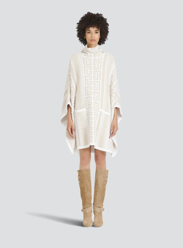 Balmain Outerwear Womens Knit Poncho With Balmain Monogram Beige Balmain Outerwear Womens Knit Poncho With Balmain Monogram Beige