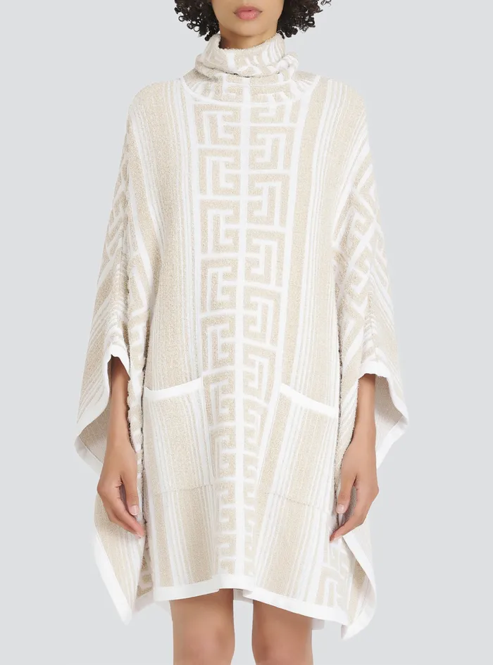 Balmain Outerwear Womens Knit Poncho With Balmain Monogram Beige Balmain Outerwear Womens Knit Poncho With Balmain Monogram Beige