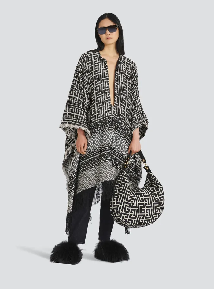Balmain Outerwear Womens Knit Poncho With Balmain Monogram Print Black Balmain Outerwear Womens Knit Poncho With Balmain Monogram Print Black