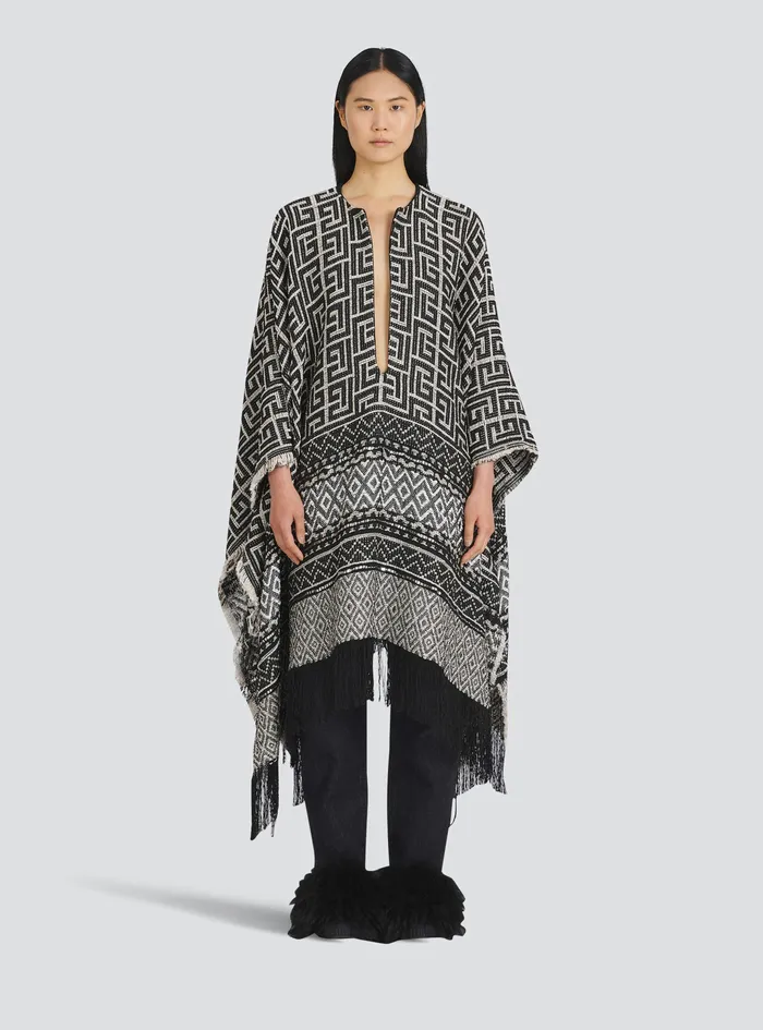 Balmain Outerwear Womens Knit Poncho With Balmain Monogram Print Black Balmain Outerwear Womens Knit Poncho With Balmain Monogram Print Black