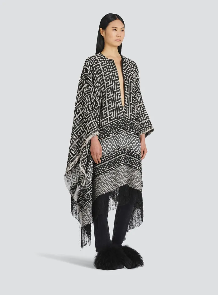 Balmain Outerwear Womens Knit Poncho With Balmain Monogram Print Black Balmain Outerwear Womens Knit Poncho With Balmain Monogram Print Black