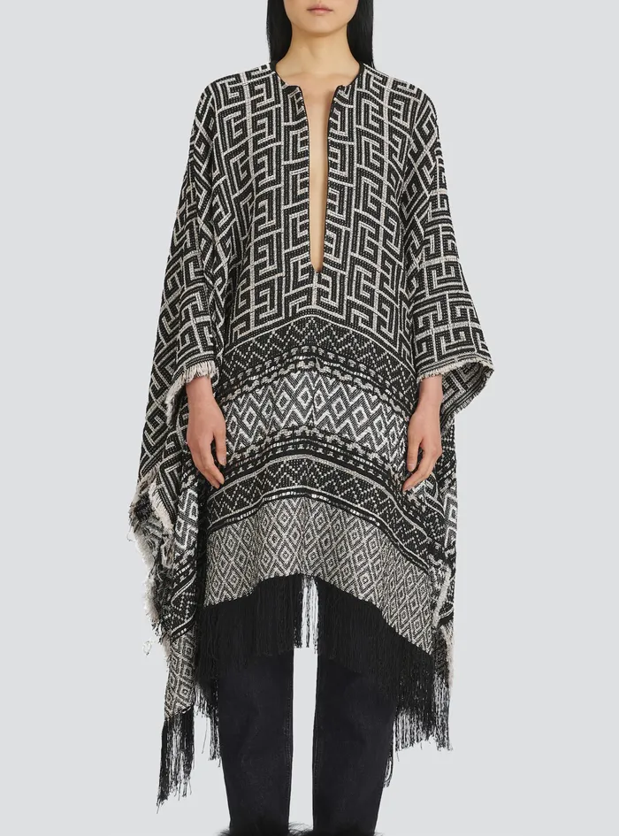 Balmain Outerwear Womens Knit Poncho With Balmain Monogram Print Black Balmain Outerwear Womens Knit Poncho With Balmain Monogram Print Black