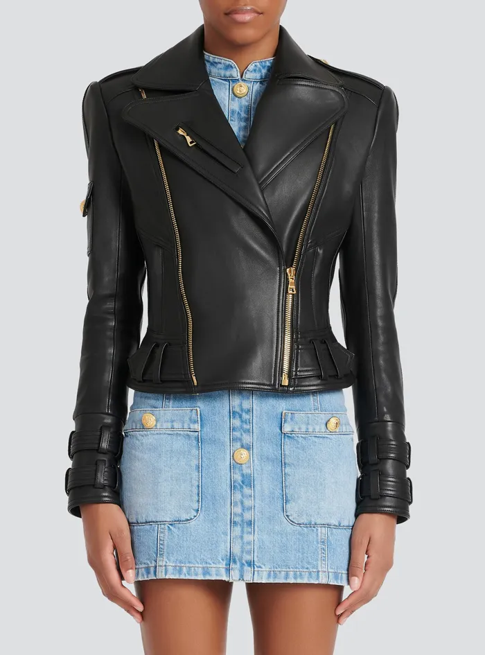 Balmain Outerwear Womens Leather Biker Jacket Black Balmain Outerwear Womens Leather Biker Jacket Black