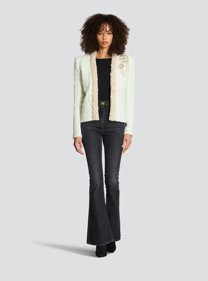 Balmain Outerwear Womens Tweed Spencer Jacket With Embroidery Green