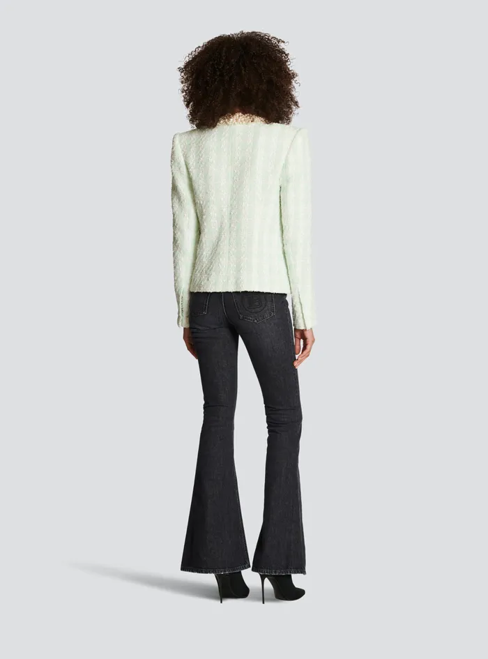 Balmain Outerwear Womens Tweed Spencer Jacket With Embroidery Green