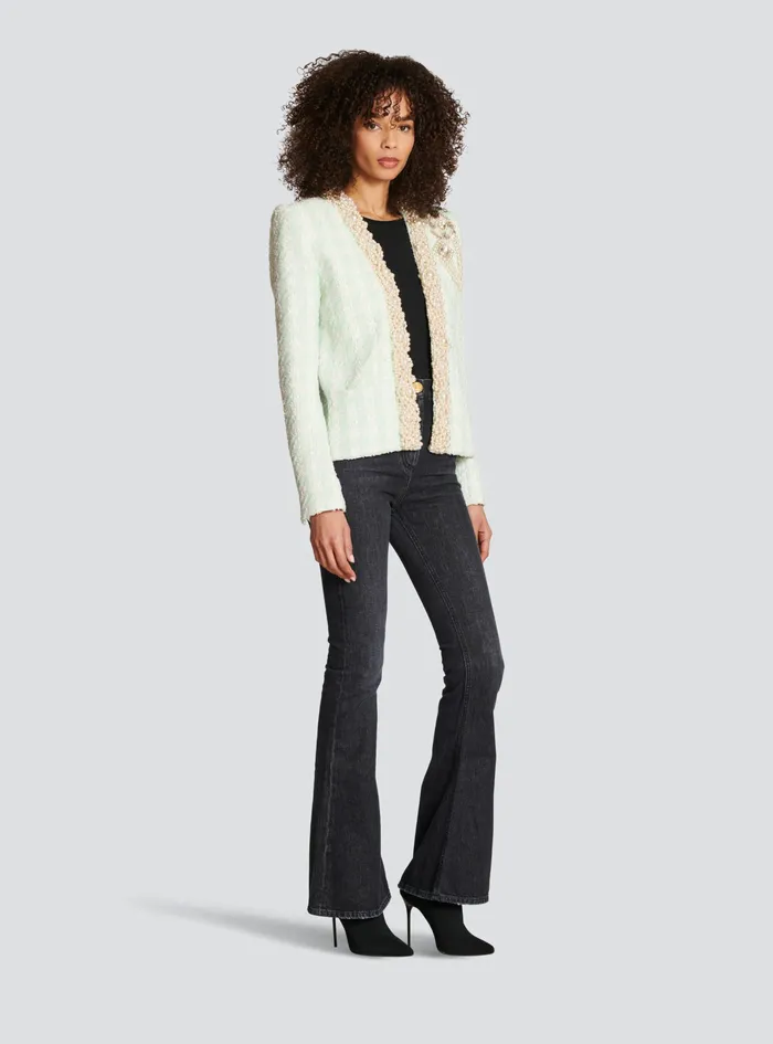 Balmain Outerwear Womens Tweed Spencer Jacket With Embroidery Green