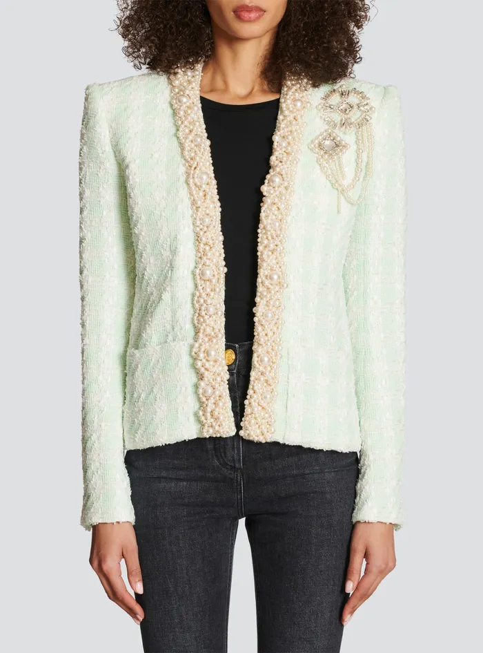 Balmain Outerwear Womens Tweed Spencer Jacket With Embroidery Green
