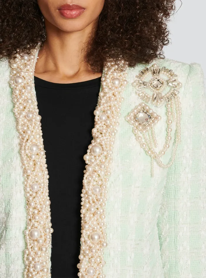 Balmain Outerwear Womens Tweed Spencer Jacket With Embroidery Green