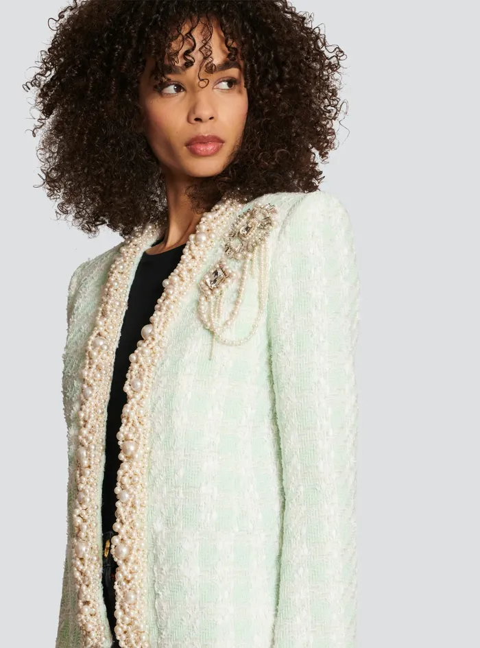 Balmain Outerwear Womens Tweed Spencer Jacket With Embroidery Green