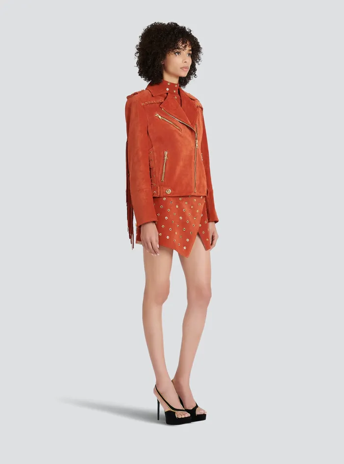 Balmain Outerwear Womens X Netflix Suede Biker Jacket Brown Balmain Outerwear Womens X Netflix Suede Biker Jacket Brown