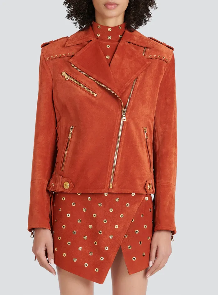 Balmain Outerwear Womens X Netflix Suede Biker Jacket Brown Balmain Outerwear Womens X Netflix Suede Biker Jacket Brown