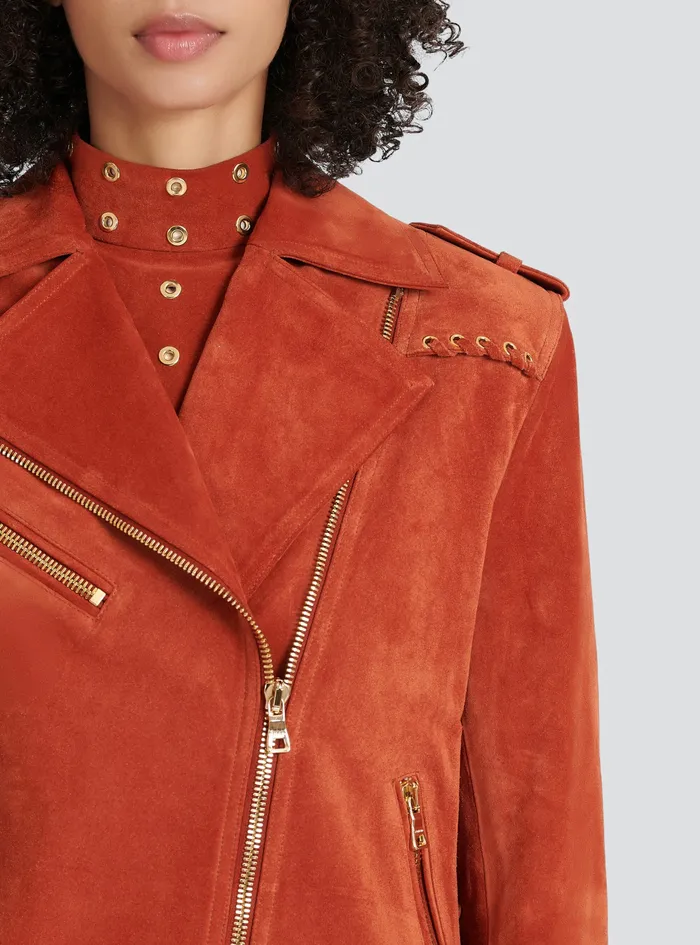 Balmain Outerwear Womens X Netflix Suede Biker Jacket Brown Balmain Outerwear Womens X Netflix Suede Biker Jacket Brown