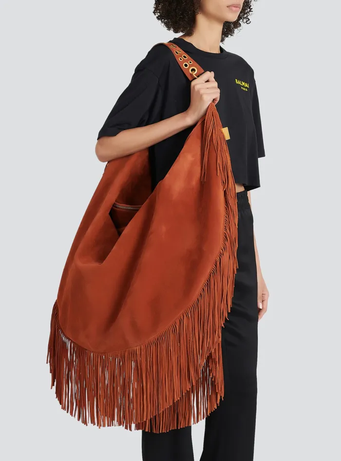 Balmain Shoulder Bags Womens X Netflix Fringed Suede Maxi Hobo Bag Brown Balmain Shoulder Bags Womens X Netflix Fringed Suede Maxi Hobo Bag Brown
