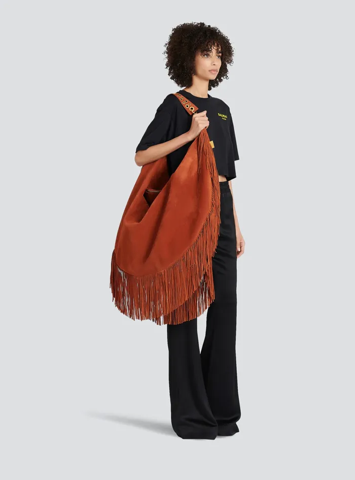 Balmain Shoulder Bags Womens X Netflix Fringed Suede Maxi Hobo Bag Brown Balmain Shoulder Bags Womens X Netflix Fringed Suede Maxi Hobo Bag Brown