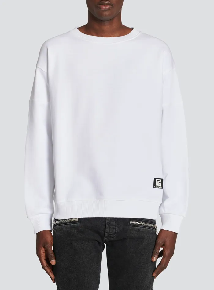 Balmain Sweatshirts Mens EcoDesigned Cotton Sweatshirt With Balmain Logo Print White Balmain Sweatshirts Mens EcoDesigned Cotton Sweatshirt With Balmain Logo Print White