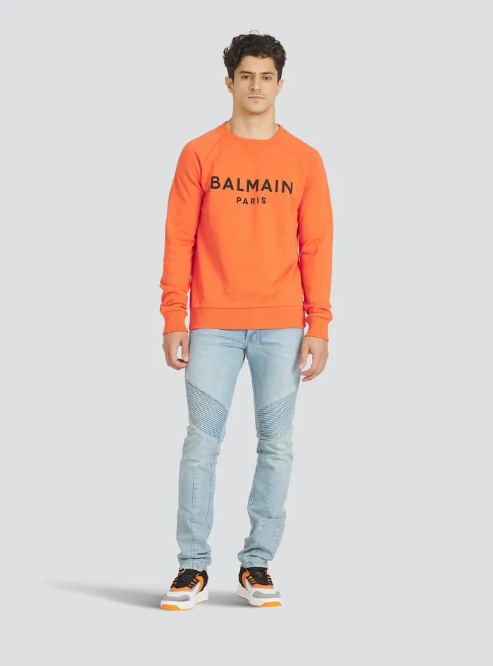 Balmain Sweatshirts Mens EcoDesigned Cotton Sweatshirt With Balmain Paris Metallic Logo Print Orange Balmain Sweatshirts Mens EcoDesigned Cotton Sweatshirt With Balmain Paris Metallic Logo Print Orange