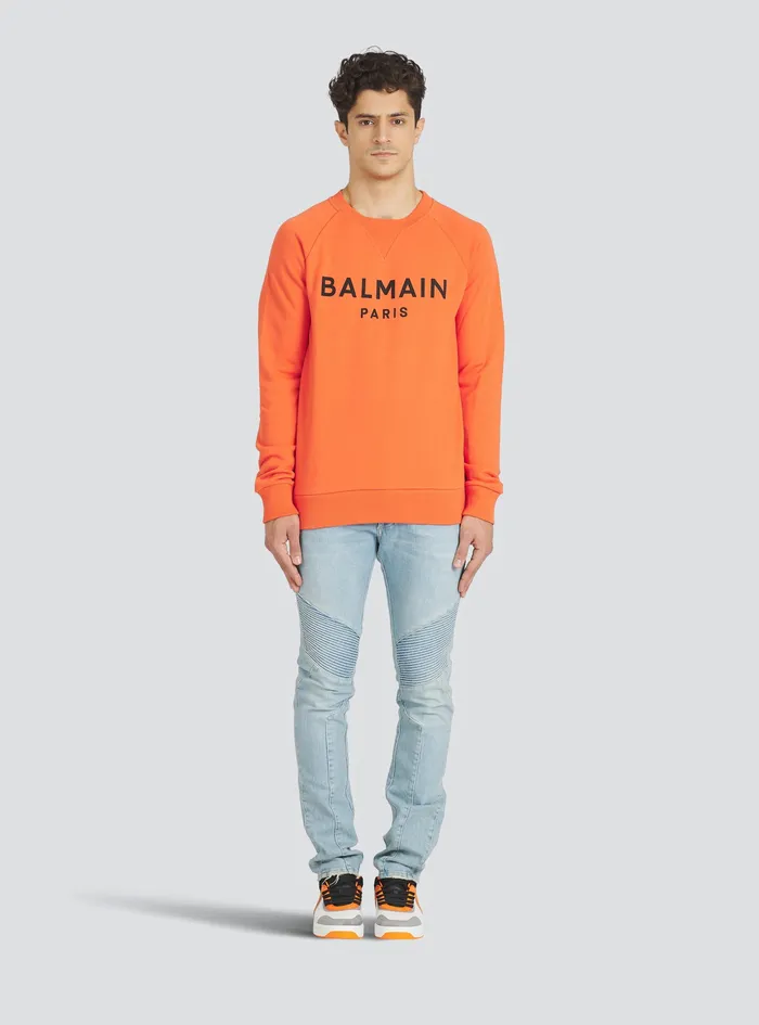 Balmain Sweatshirts Mens EcoDesigned Cotton Sweatshirt With Balmain Paris Metallic Logo Print Orange Balmain Sweatshirts Mens EcoDesigned Cotton Sweatshirt With Balmain Paris Metallic Logo Print Orange