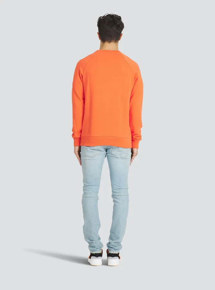 Balmain Sweatshirts Mens EcoDesigned Cotton Sweatshirt With Balmain Paris Metallic Logo Print Orange Balmain Sweatshirts Mens EcoDesigned Cotton Sweatshirt With Balmain Paris Metallic Logo Print Orange