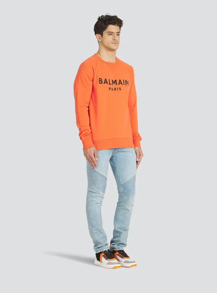 Balmain Sweatshirts Mens EcoDesigned Cotton Sweatshirt With Balmain Paris Metallic Logo Print Orange Balmain Sweatshirts Mens EcoDesigned Cotton Sweatshirt With Balmain Paris Metallic Logo Print Orange