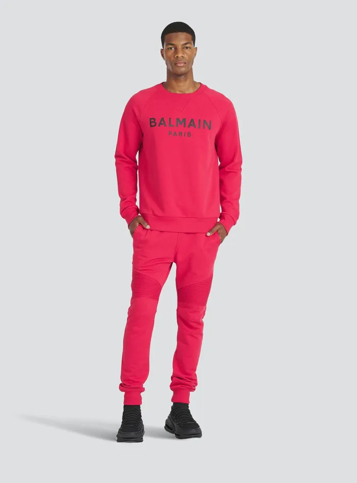 Balmain Sweatshirts Mens EcoDesigned Cotton Sweatshirt With Balmain Paris Metallic Logo Print Red Balmain Sweatshirts Mens EcoDesigned Cotton Sweatshirt With Balmain Paris Metallic Logo Print Red