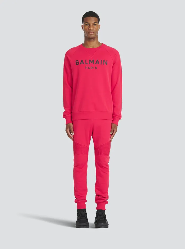 Balmain Sweatshirts Mens EcoDesigned Cotton Sweatshirt With Balmain Paris Metallic Logo Print Red Balmain Sweatshirts Mens EcoDesigned Cotton Sweatshirt With Balmain Paris Metallic Logo Print Red