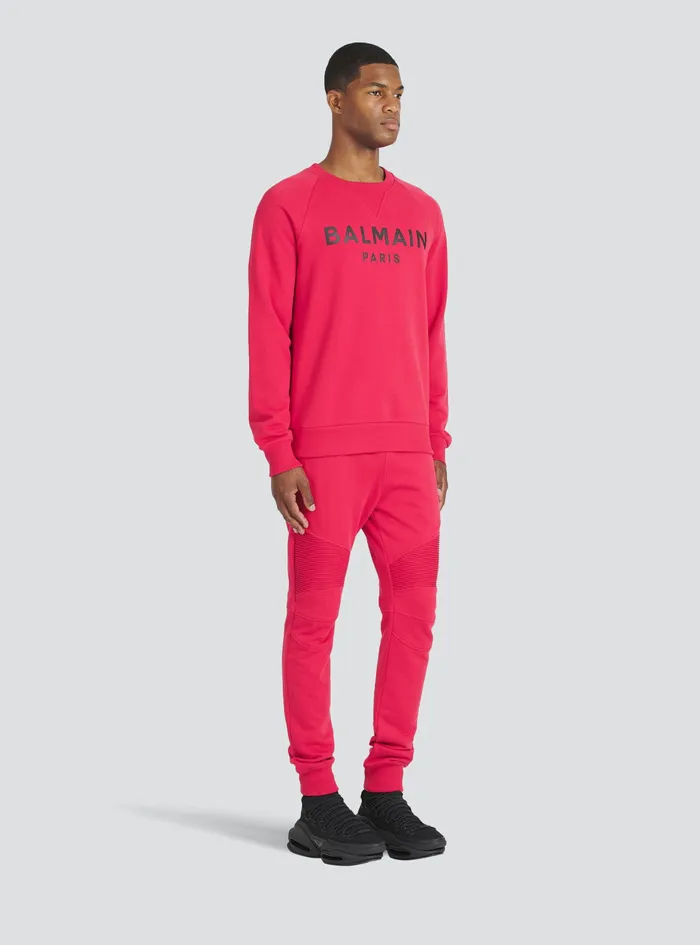 Balmain Sweatshirts Mens EcoDesigned Cotton Sweatshirt With Balmain Paris Metallic Logo Print Red Balmain Sweatshirts Mens EcoDesigned Cotton Sweatshirt With Balmain Paris Metallic Logo Print Red