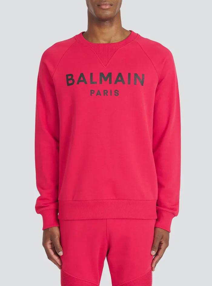 Balmain Sweatshirts Mens EcoDesigned Cotton Sweatshirt With Balmain Paris Metallic Logo Print Red Balmain Sweatshirts Mens EcoDesigned Cotton Sweatshirt With Balmain Paris Metallic Logo Print Red