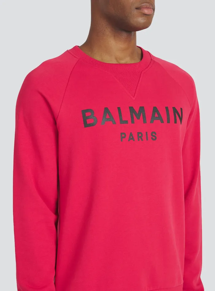 Balmain Sweatshirts Mens EcoDesigned Cotton Sweatshirt With Balmain Paris Metallic Logo Print Red Balmain Sweatshirts Mens EcoDesigned Cotton Sweatshirt With Balmain Paris Metallic Logo Print Red