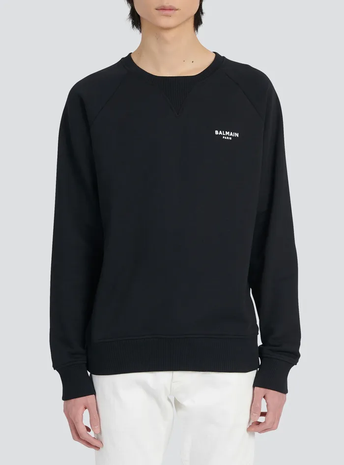 Balmain Sweatshirts Mens EcoDesigned Cotton Sweatshirt With Small Flocked Balmain Paris Logo Black