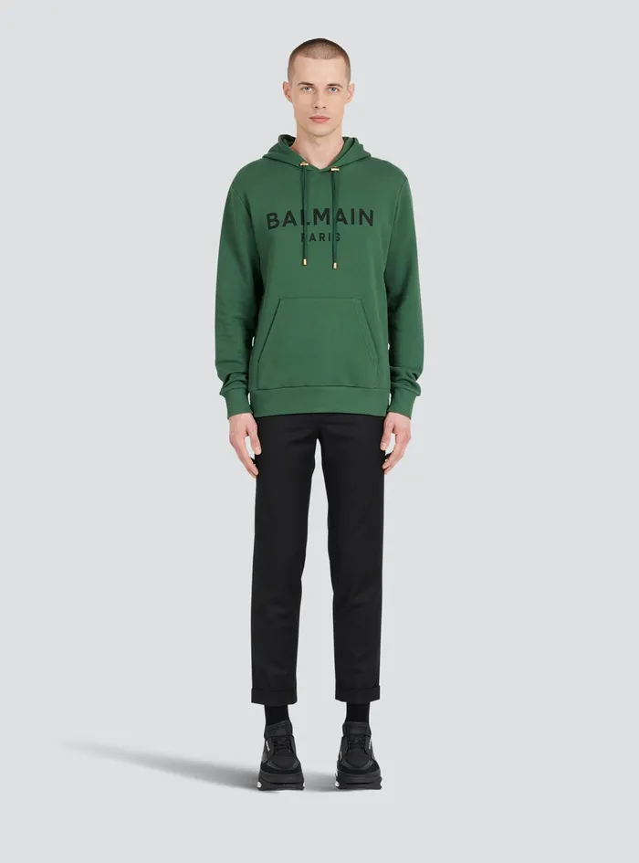 Balmain Sweatshirts Mens Hooded Cotton Sweatshirt With Balmain Paris Logo Print Green Balmain Sweatshirts Mens Hooded Cotton Sweatshirt With Balmain Paris Logo Print Green