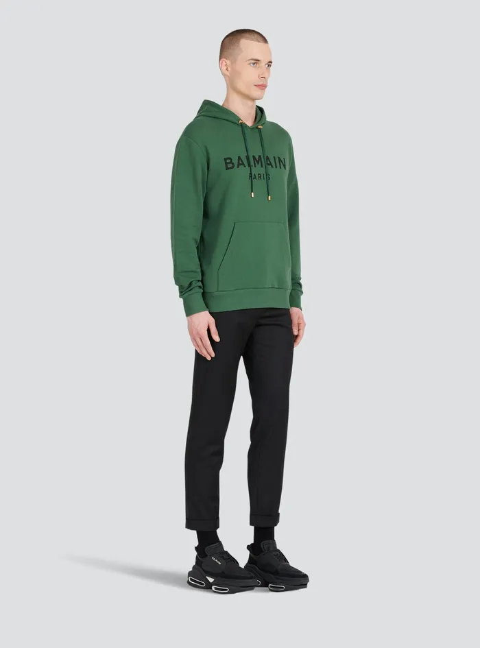 Balmain Sweatshirts Mens Hooded Cotton Sweatshirt With Balmain Paris Logo Print Green Balmain Sweatshirts Mens Hooded Cotton Sweatshirt With Balmain Paris Logo Print Green
