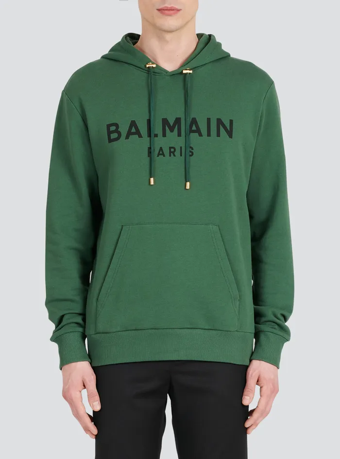 Balmain Sweatshirts Mens Hooded Cotton Sweatshirt With Balmain Paris Logo Print Green Balmain Sweatshirts Mens Hooded Cotton Sweatshirt With Balmain Paris Logo Print Green