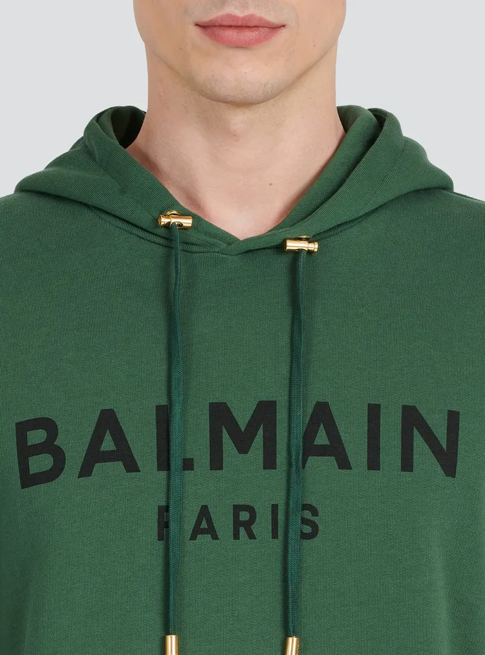 Balmain Sweatshirts Mens Hooded Cotton Sweatshirt With Balmain Paris Logo Print Green Balmain Sweatshirts Mens Hooded Cotton Sweatshirt With Balmain Paris Logo Print Green