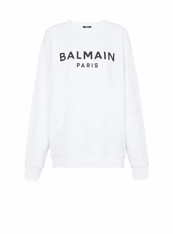 Balmain Sweatshirts Womens Cotton EcoDesigned Sweatshirt With Flocked Balmain Logo White Balmain Sweatshirts Womens Cotton EcoDesigned Sweatshirt With Flocked Balmain Logo White