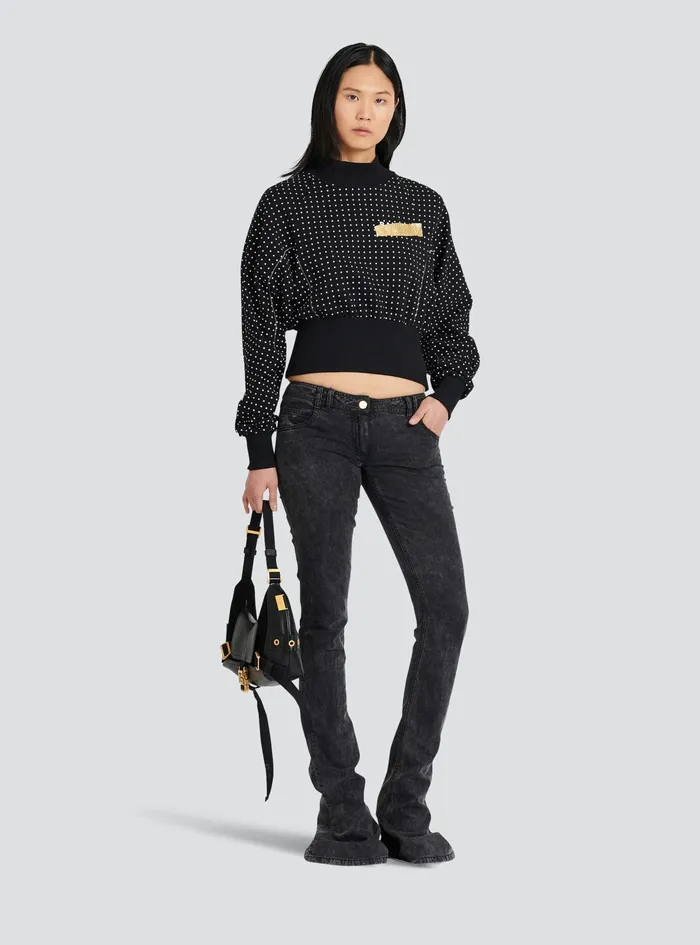 Balmain Sweatshirts Womens Cotton Sweatshirt With Printed Dots And Balmain Logo Black Balmain Sweatshirts Womens Cotton Sweatshirt With Printed Dots And Balmain Logo Black