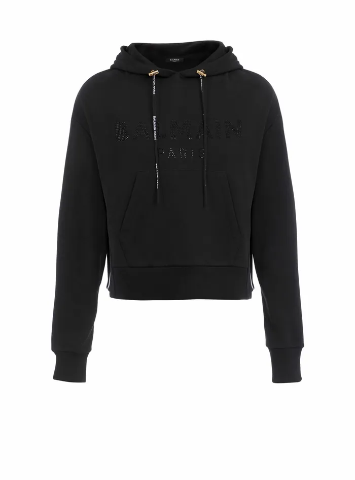 Balmain Sweatshirts Womens Cropped EcoDesigned Cotton Sweatshirt With Rhinestone Balmain Logo Black