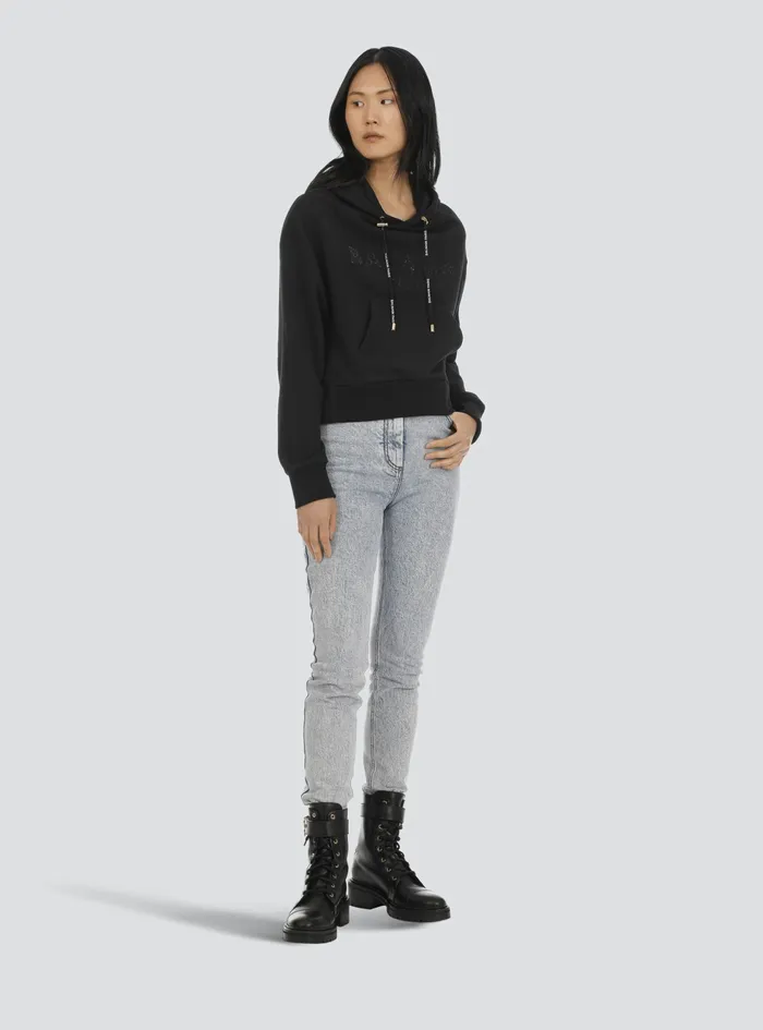 Balmain Sweatshirts Womens Cropped EcoDesigned Cotton Sweatshirt With Rhinestone Balmain Logo Black
