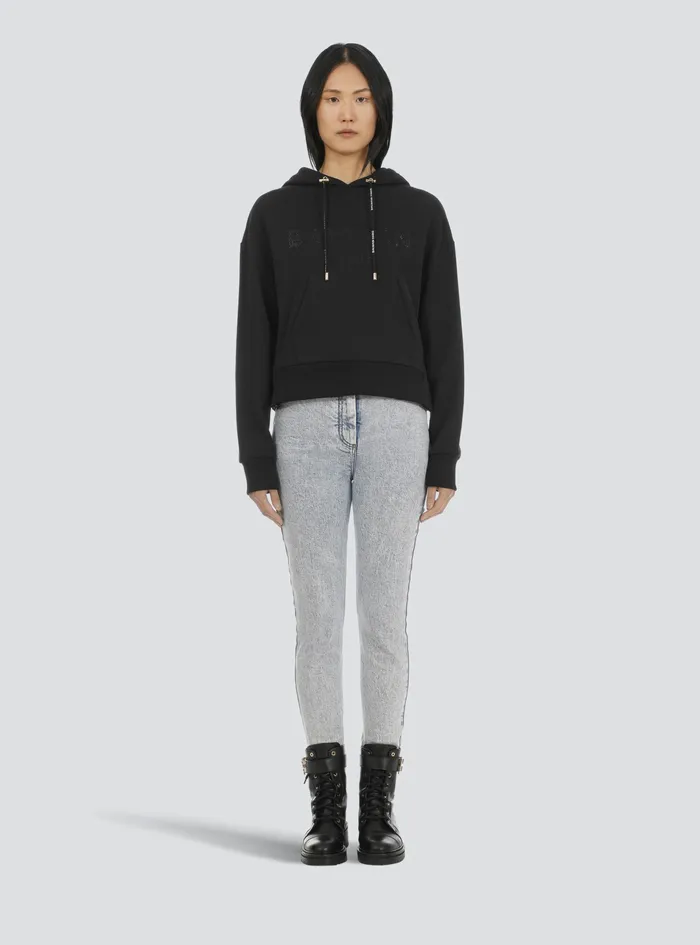 Balmain Sweatshirts Womens Cropped EcoDesigned Cotton Sweatshirt With Rhinestone Balmain Logo Black